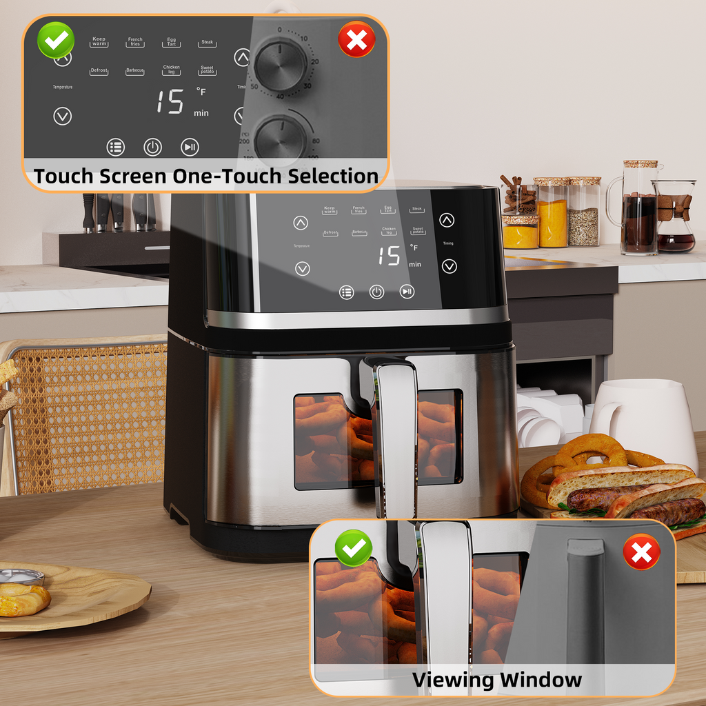 Abovemoon Stainless Steel 8Qt Large Digital Air Fryer with Window for Kitchen Use,Nonstick Made without PFAS,Touchscreen Display,400F,Kitchen Appliances,NonStick Basket,Black airfryer