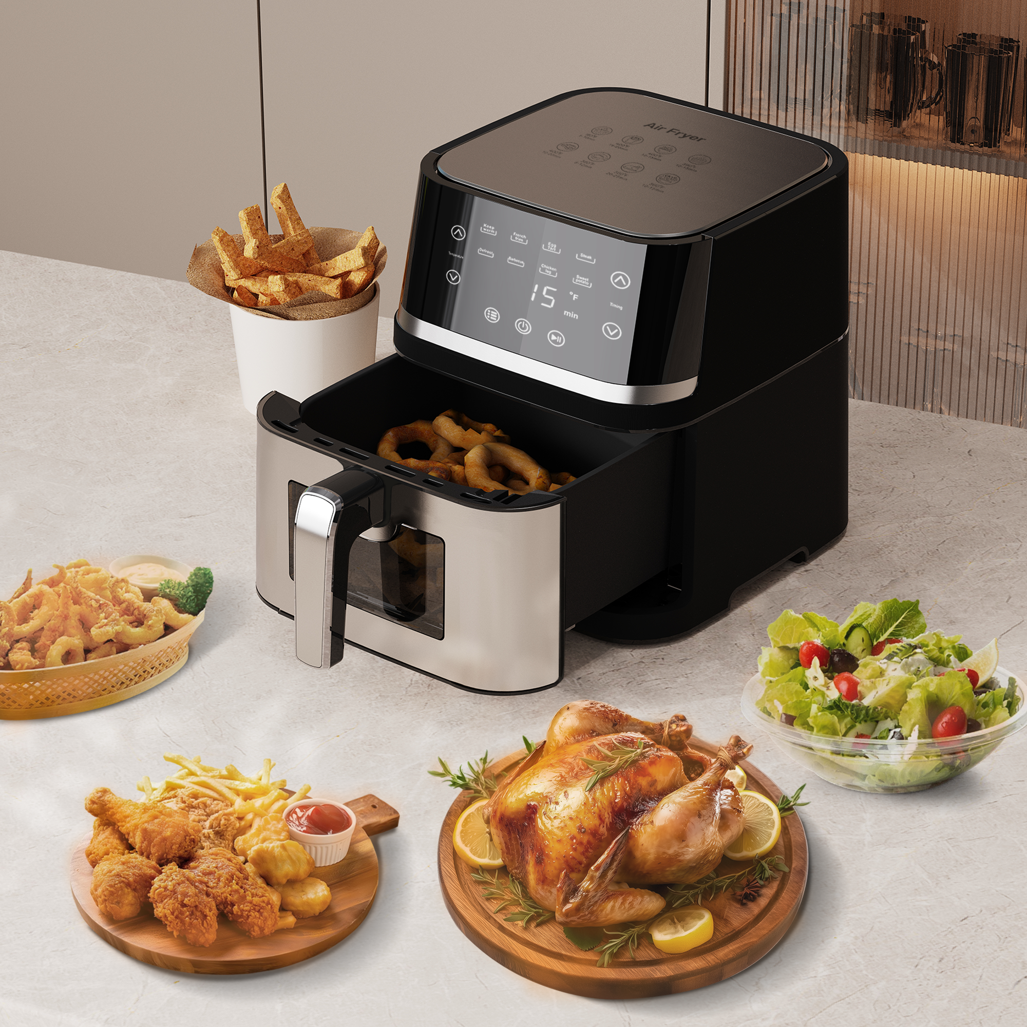 Abovemoon Stainless Steel 8Qt Large Digital Air Fryer with Window for Kitchen Use,Nonstick Made without PFAS,Touchscreen Display,400F,Kitchen Appliances,NonStick Basket,Black airfryer