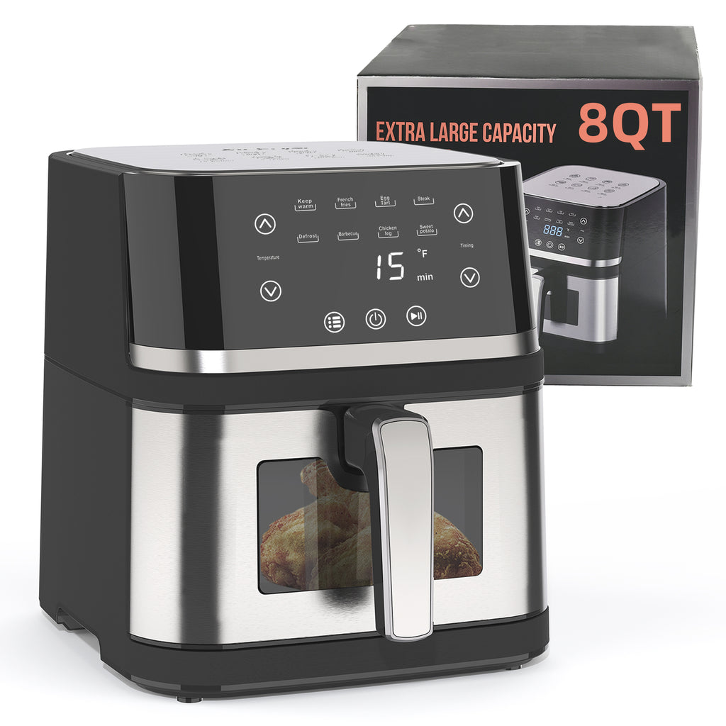 Abovemoon Stainless Steel 8Qt Large Digital Air Fryer with Window for Kitchen Use,Nonstick Made without PFAS,Touchscreen Display,400F,Kitchen Appliances,NonStick Basket,Black airfryer