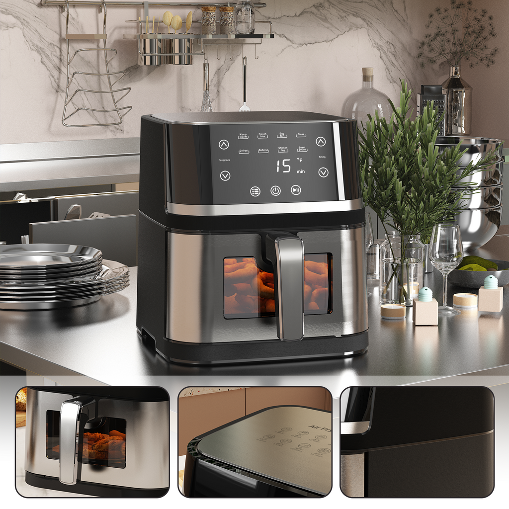 Abovemoon Stainless Steel 8Qt Large Digital Air Fryer with Window for Kitchen Use,Nonstick Made without PFAS,Touchscreen Display,400F,Kitchen Appliances,NonStick Basket,Black airfryer