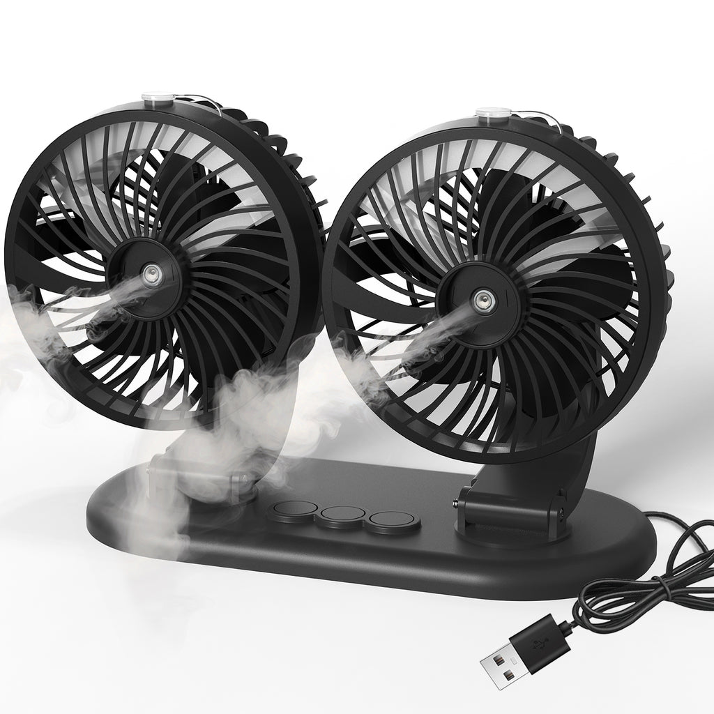 Car Fan 5V Portable Auto Cooling Misting Fan Dual Head Rotatable USB Vehicle Fans 2 Speeds Strong Wind Electric Air Circulation Fans for Car Dashboard Truck SUV Sedan RV Van Boat Golf Cart