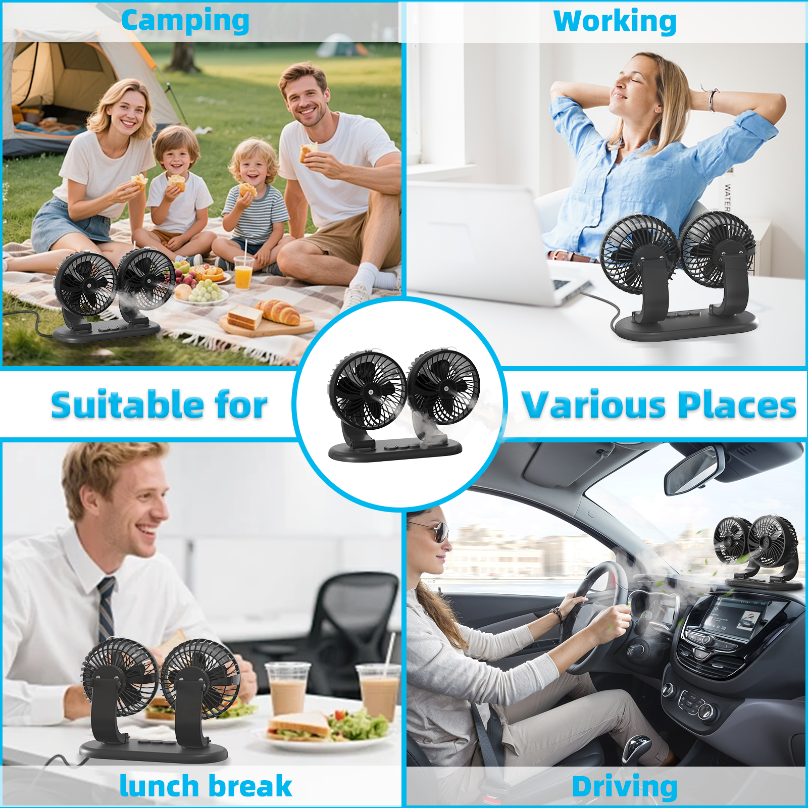 Car Fan 5V Portable Auto Cooling Misting Fan Dual Head Rotatable USB Vehicle Fans 2 Speeds Strong Wind Electric Air Circulation Fans for Car Dashboard Truck SUV Sedan RV Van Boat Golf Cart