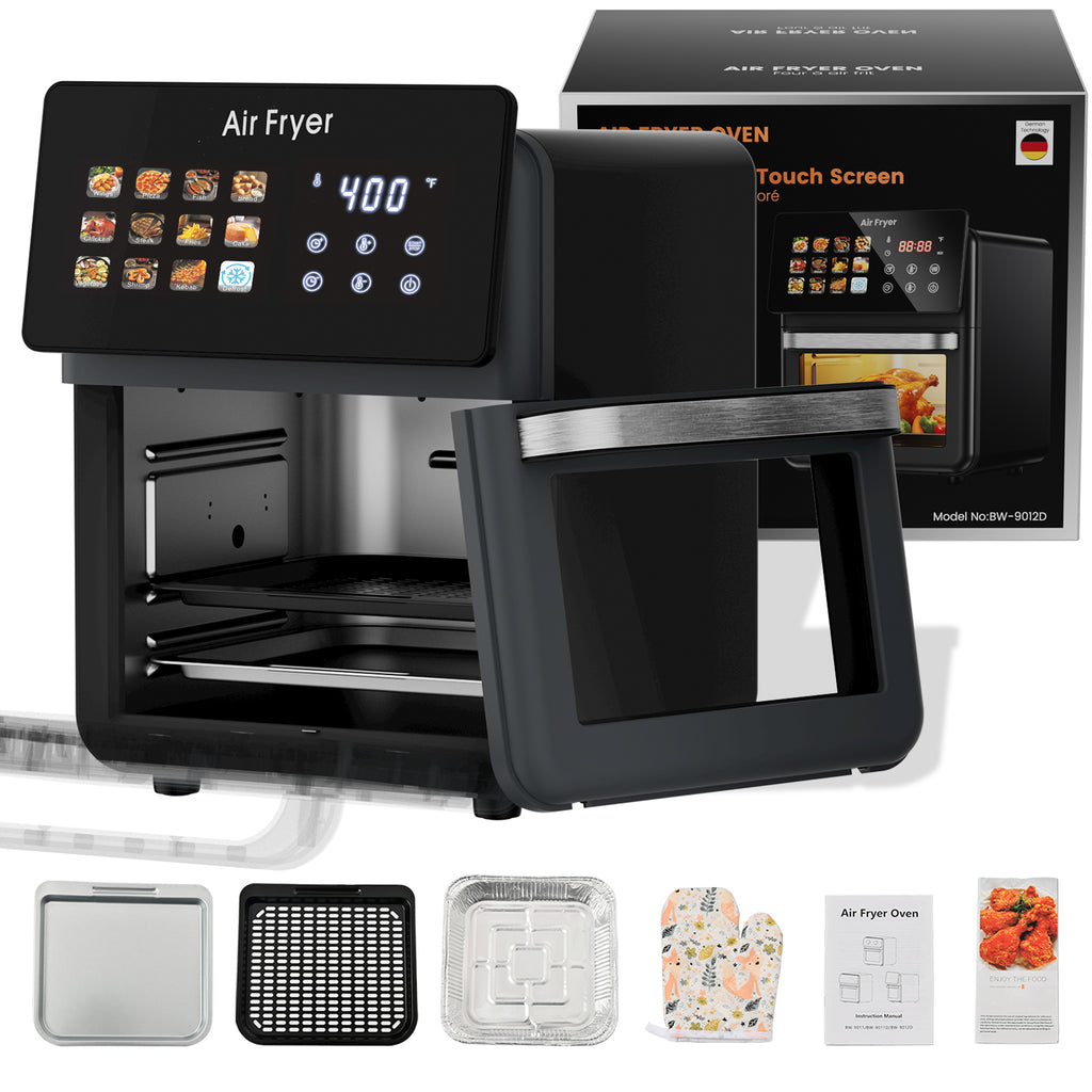 10L Large Pro Air Fryer Oven With Grill Combo For Kitchen Use,12 in 1 Smart Convection Ovens,AirFryer With Glass View Window,Nonstick Basket,Fryer Liners,Removable Door-Black