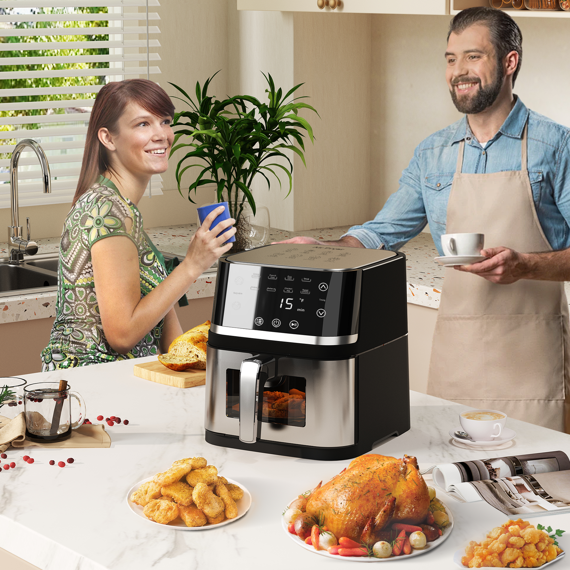 Abovemoon Stainless Steel 8Qt Large Digital Air Fryer with Window for Kitchen Use,Nonstick Made without PFAS,Touchscreen Display,400F,Kitchen Appliances,NonStick Basket,Black airfryer