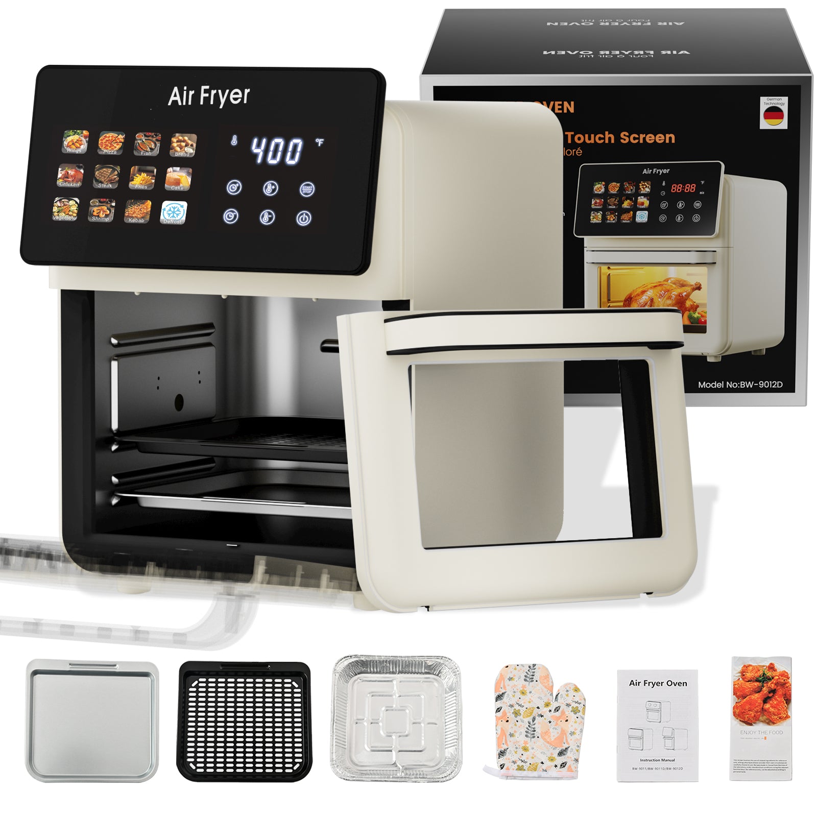 AboveMoon 10L Large Xl Pro Air Fryer Oven With Grill Combo For Kitchen Countertop Use,12 in 1 Smart Convection Ovens,AirFryer With Glass View Window,Nonstick Basket,Fryer Liners,Removable Door-White