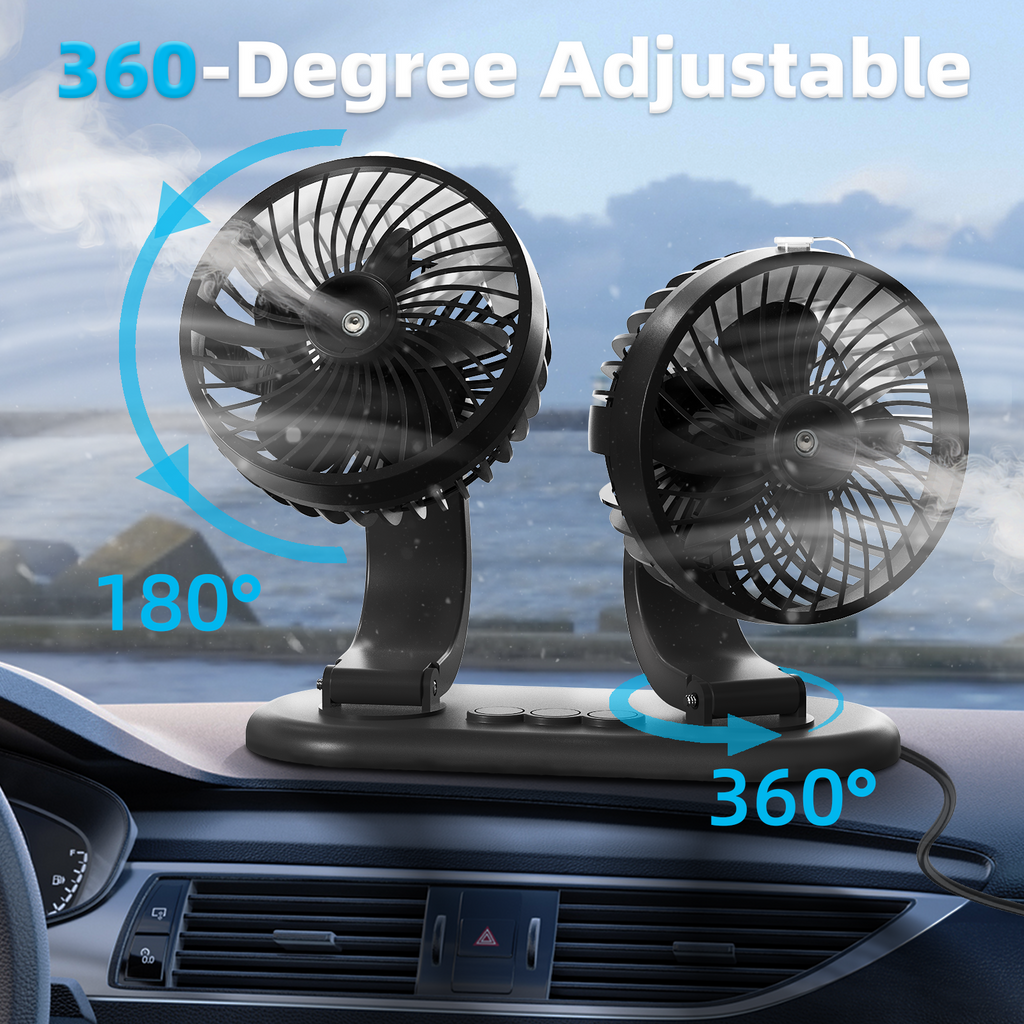 Car Fan 5V Portable Auto Cooling Misting Fan Dual Head Rotatable USB Vehicle Fans 2 Speeds Strong Wind Electric Air Circulation Fans for Car Dashboard Truck SUV Sedan RV Van Boat Golf Cart