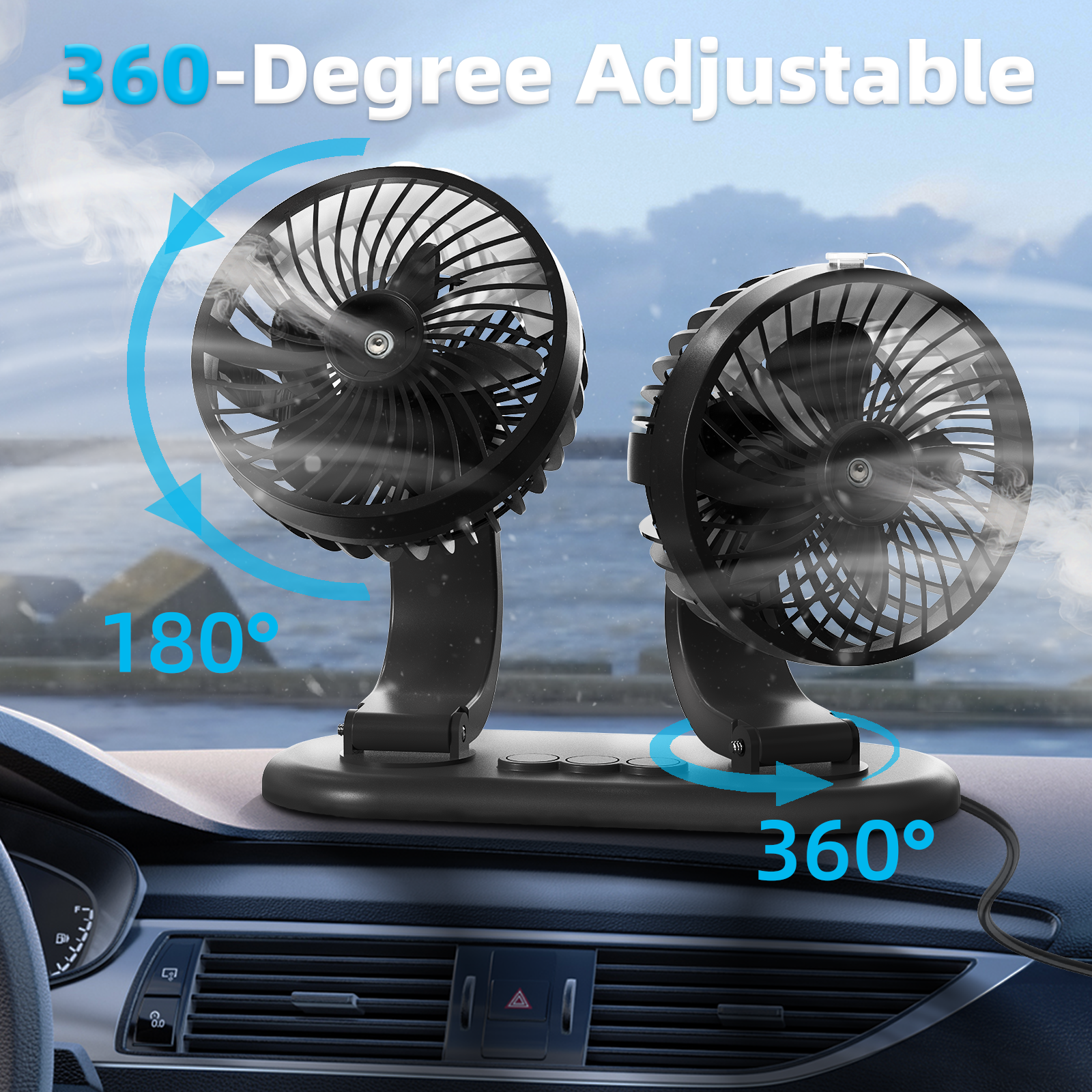 Car Fan 5V Portable Auto Cooling Misting Fan Dual Head Rotatable USB Vehicle Fans 2 Speeds Strong Wind Electric Air Circulation Fans for Car Dashboard Truck SUV Sedan RV Van Boat Golf Cart