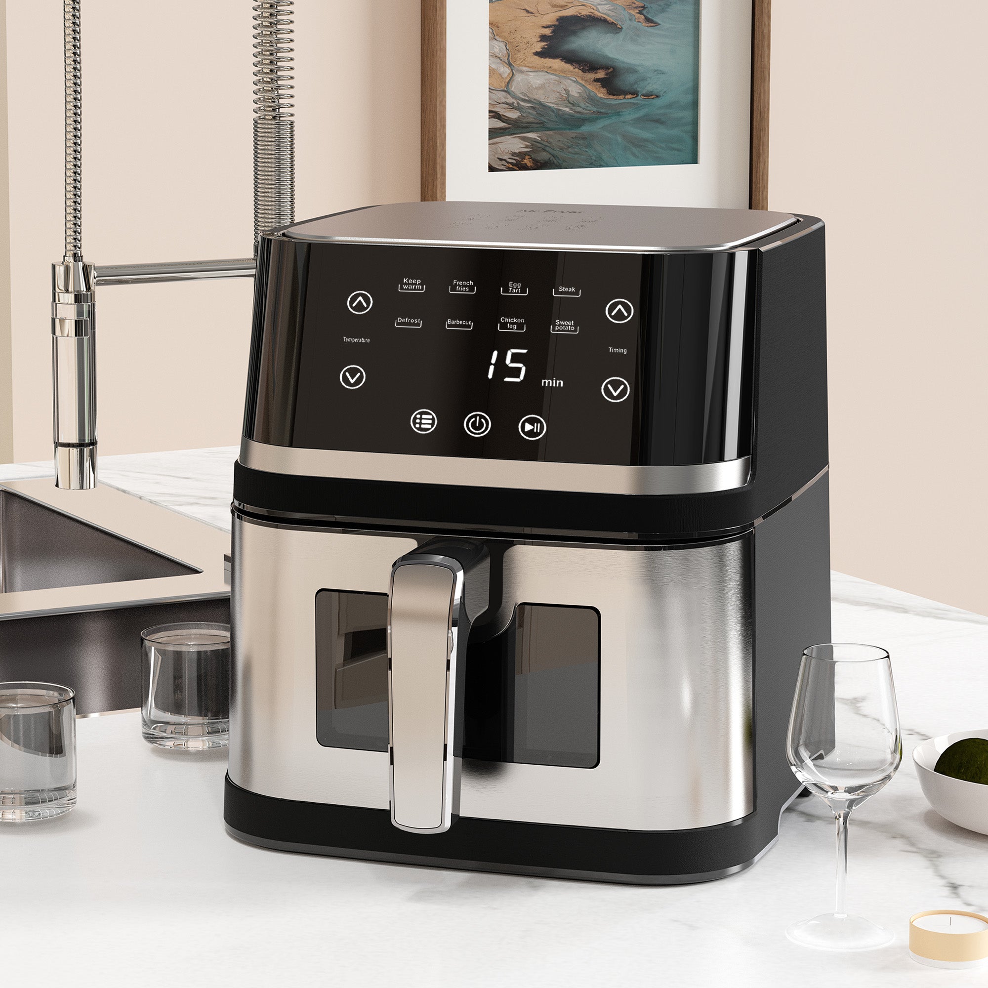 Abovemoon Stainless Steel 8Qt Large Digital Air Fryer with Window for Kitchen Use,Nonstick Made without PFAS,Touchscreen Display,400F,Kitchen Appliances,NonStick Basket,Black airfryer