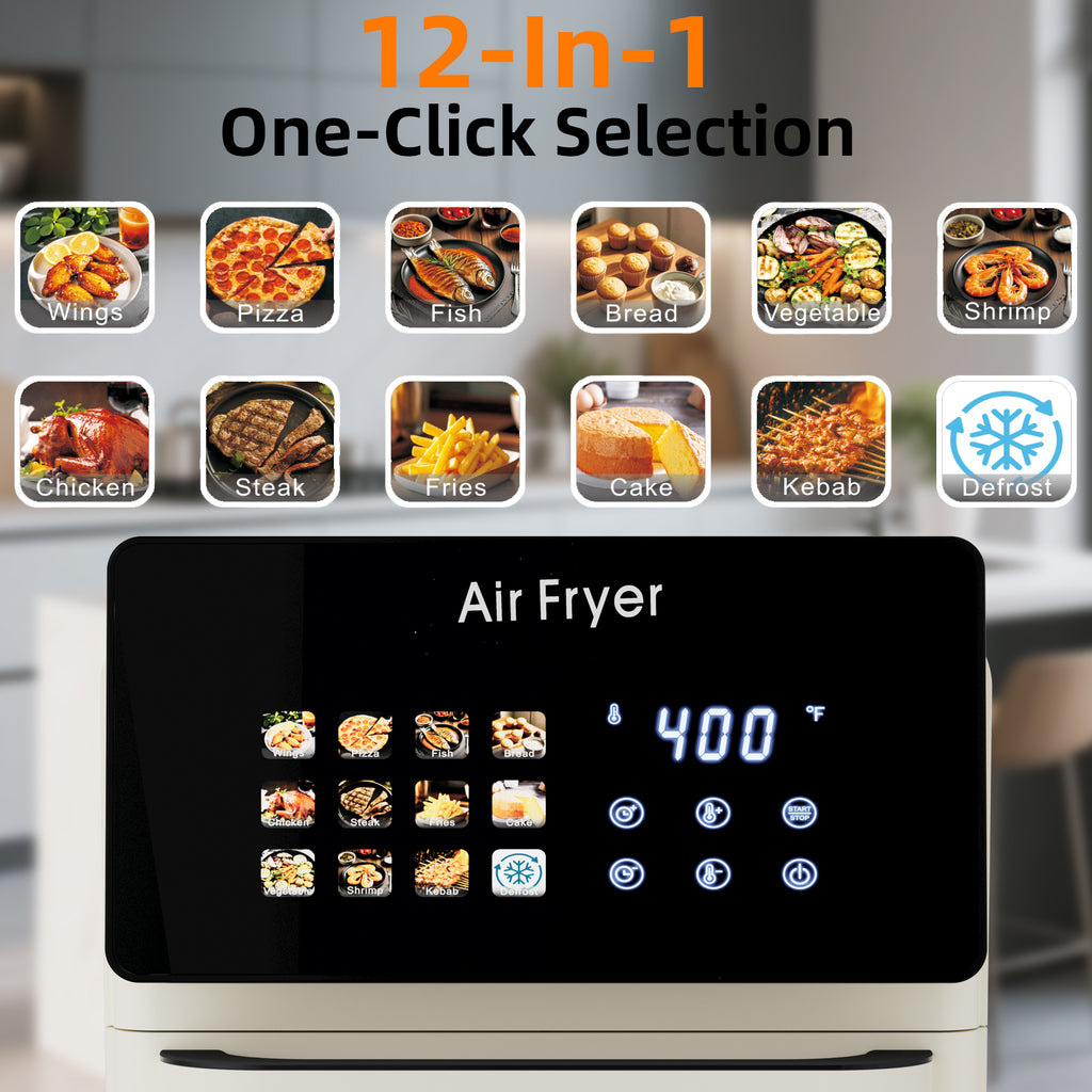 AboveMoon 10L Large Xl Pro Air Fryer Oven With Grill Combo For Kitchen Countertop Use,12 in 1 Smart Convection Ovens,AirFryer With Glass View Window,Nonstick Basket,Fryer Liners,Removable Door-White