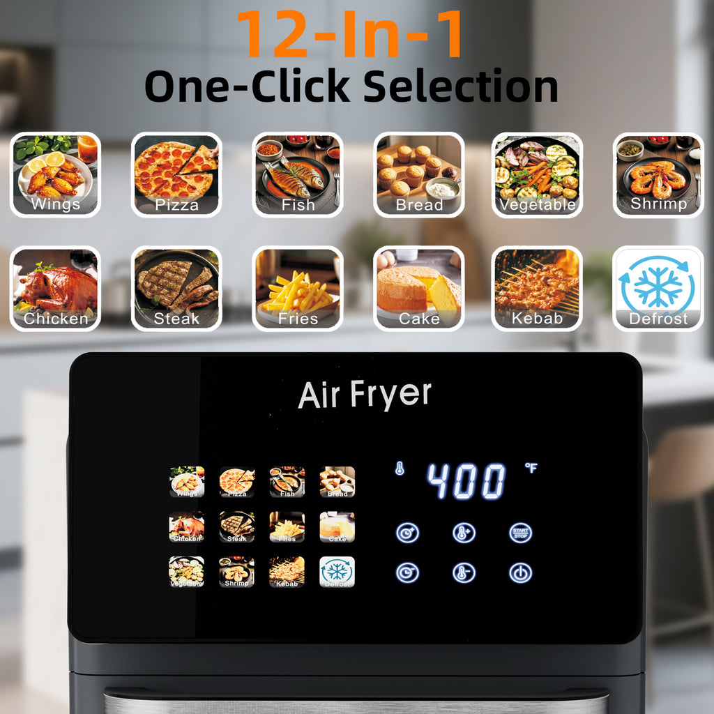 10L Large Pro Air Fryer Oven With Grill Combo For Kitchen Use,12 in 1 Smart Convection Ovens,AirFryer With Glass View Window,Nonstick Basket,Fryer Liners,Removable Door-Black