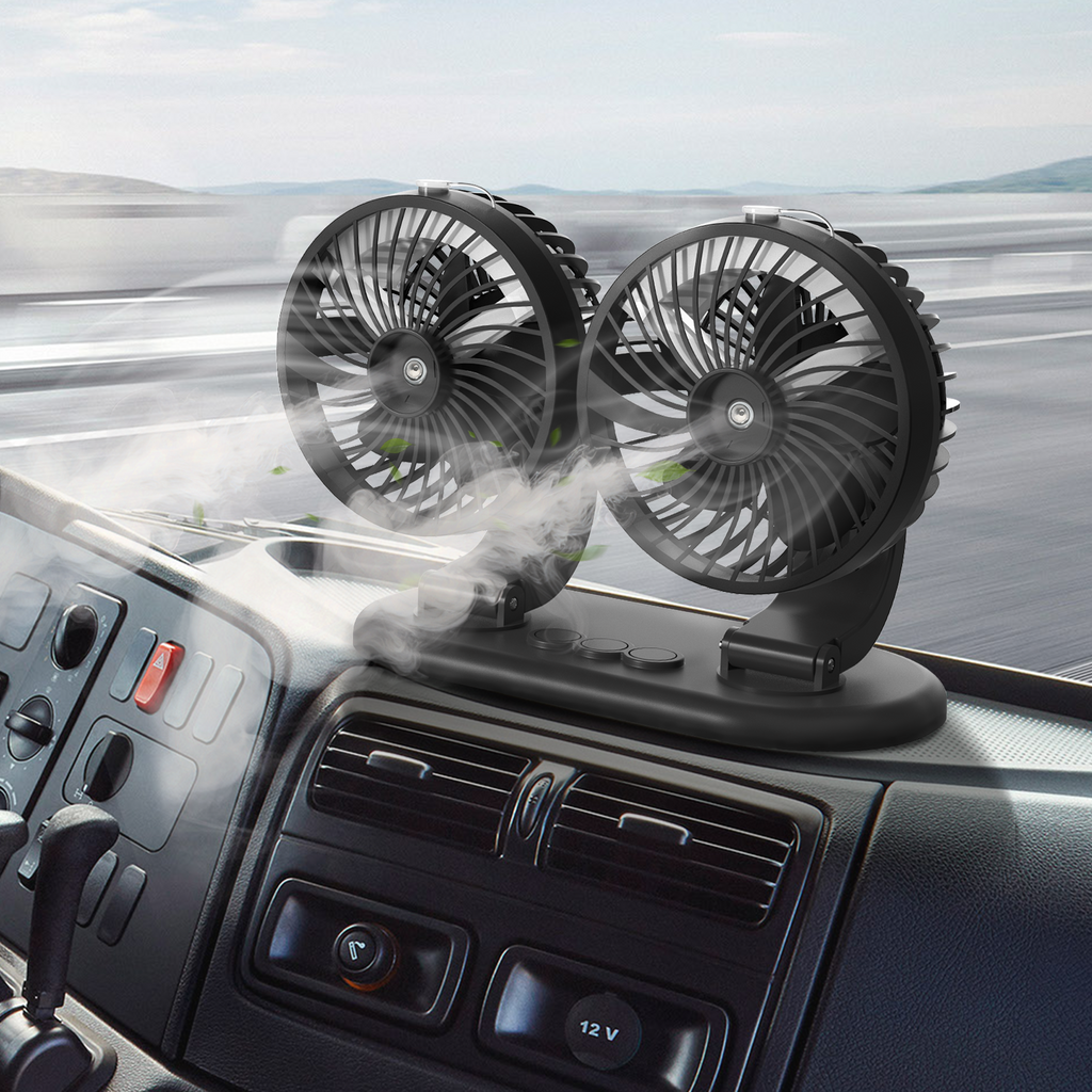 Car Fan 5V Portable Auto Cooling Misting Fan Dual Head Rotatable USB Vehicle Fans 2 Speeds Strong Wind Electric Air Circulation Fans for Car Dashboard Truck SUV Sedan RV Van Boat Golf Cart