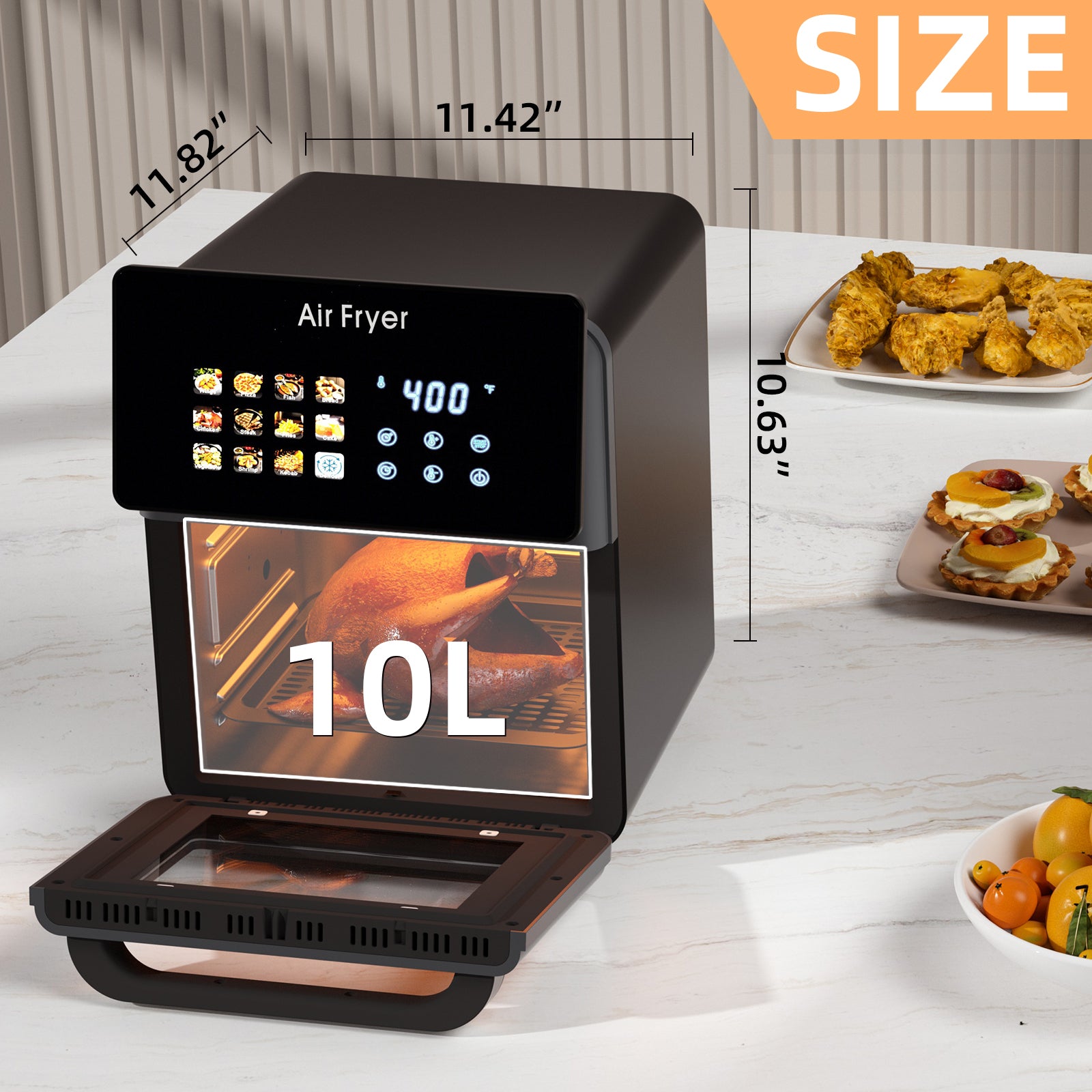 10L Large Pro Air Fryer Oven With Grill Combo For Kitchen Use,12 in 1 Smart Convection Ovens,AirFryer With Glass View Window,Nonstick Basket,Fryer Liners,Removable Door-Black