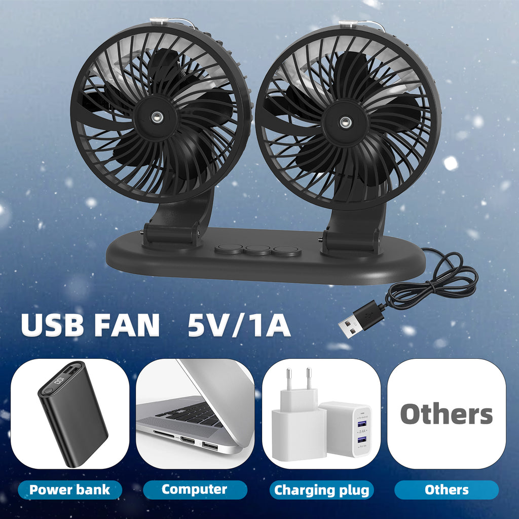 Car Fan 5V Portable Auto Cooling Misting Fan Dual Head Rotatable USB Vehicle Fans 2 Speeds Strong Wind Electric Air Circulation Fans for Car Dashboard Truck SUV Sedan RV Van Boat Golf Cart
