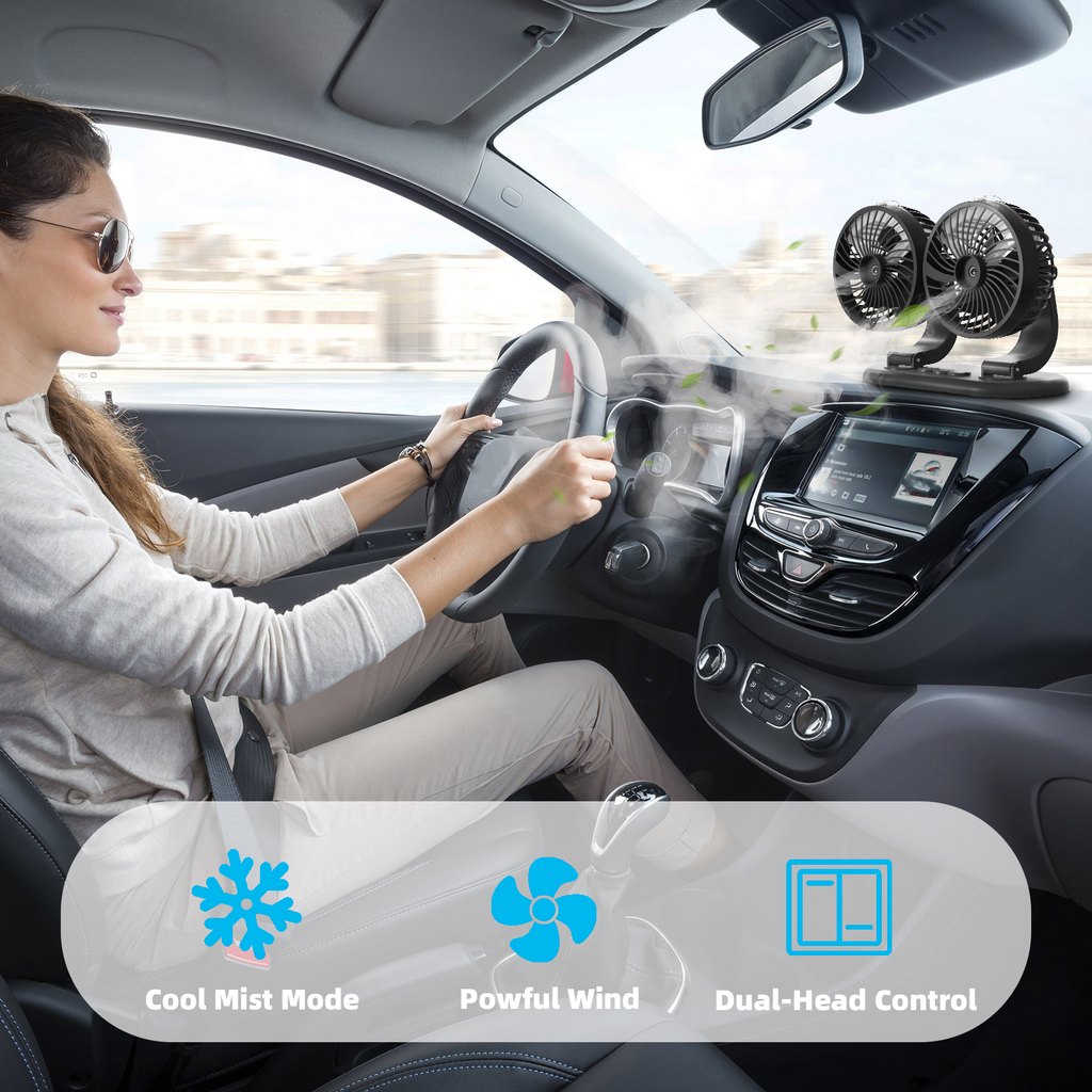 Car Fan 5V Portable Auto Cooling Misting Fan Dual Head Rotatable USB Vehicle Fans 2 Speeds Strong Wind Electric Air Circulation Fans for Car Dashboard Truck SUV Sedan RV Van Boat Golf Cart