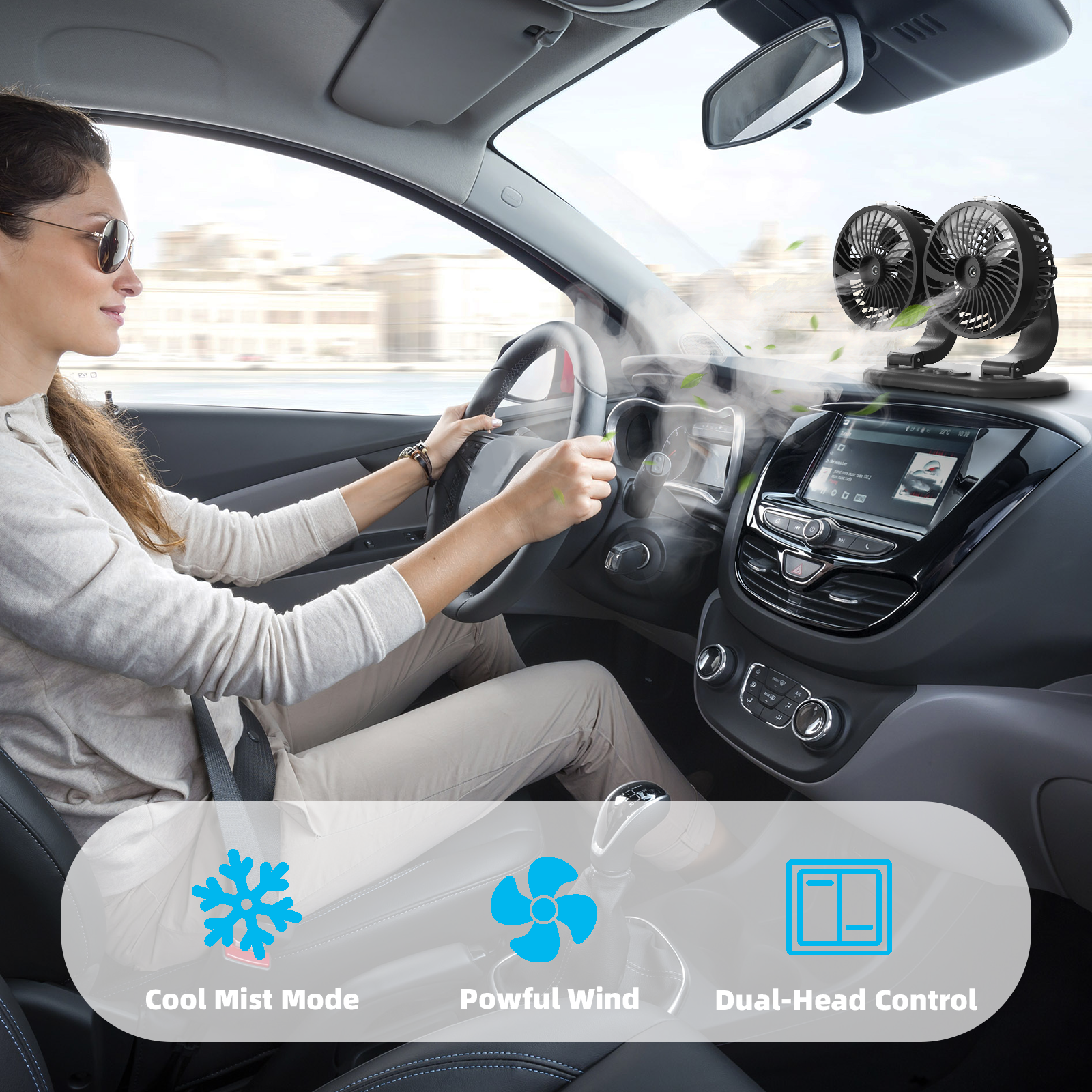 Car Fan 5V Portable Auto Cooling Misting Fan Dual Head Rotatable USB Vehicle Fans 2 Speeds Strong Wind Electric Air Circulation Fans for Car Dashboard Truck SUV Sedan RV Van Boat Golf Cart