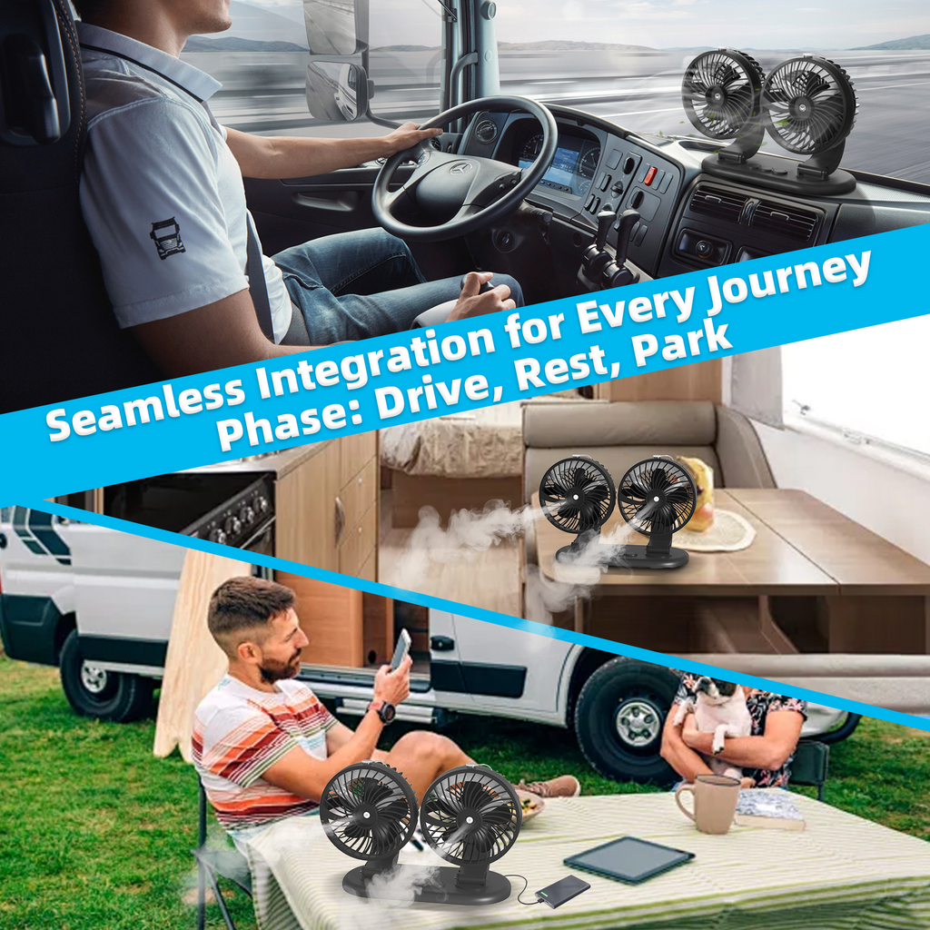 Car Fan 5V Portable Auto Cooling Misting Fan Dual Head Rotatable USB Vehicle Fans 2 Speeds Strong Wind Electric Air Circulation Fans for Car Dashboard Truck SUV Sedan RV Van Boat Golf Cart