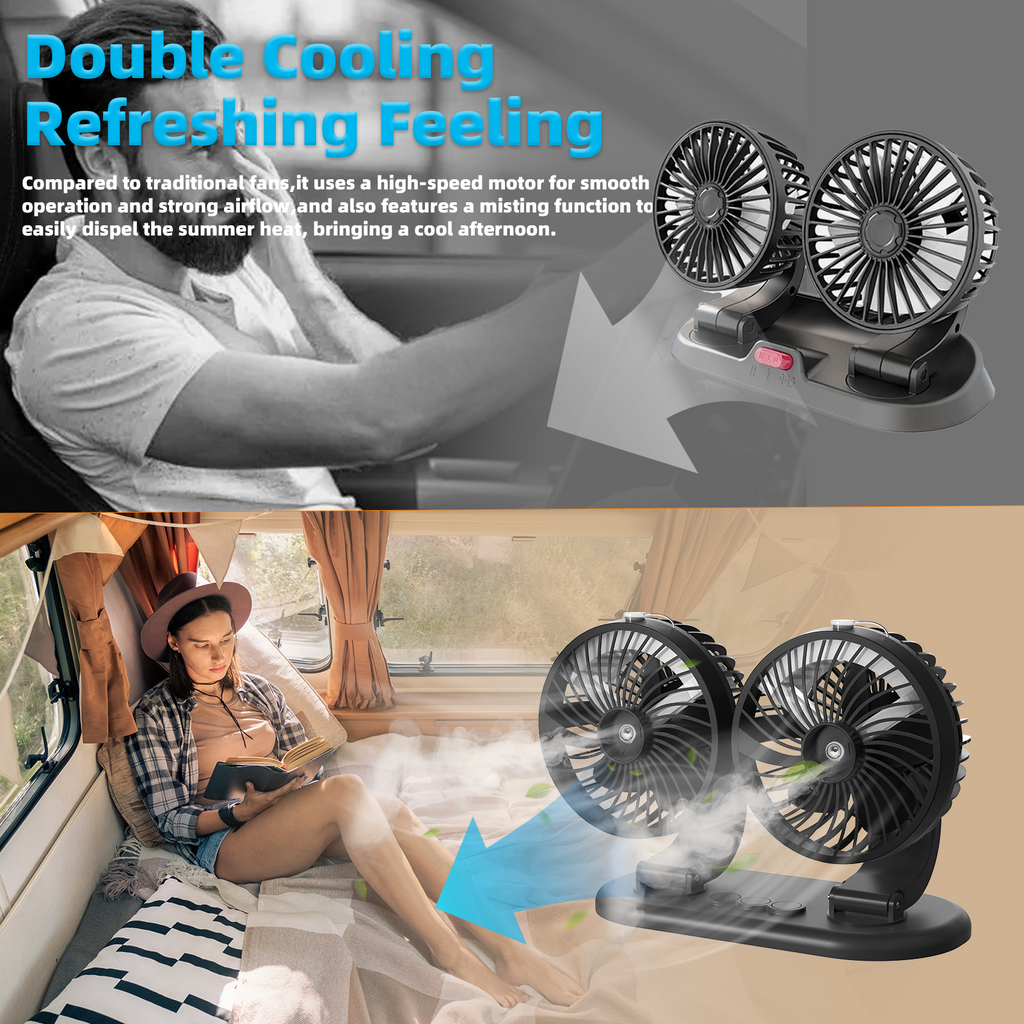 Car Fan 5V Portable Auto Cooling Misting Fan Dual Head Rotatable USB Vehicle Fans 2 Speeds Strong Wind Electric Air Circulation Fans for Car Dashboard Truck SUV Sedan RV Van Boat Golf Cart