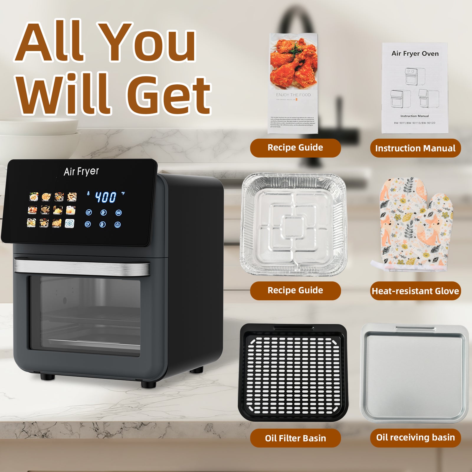 10L Large Pro Air Fryer Oven With Grill Combo For Kitchen Use,12 in 1 Smart Convection Ovens,AirFryer With Glass View Window,Nonstick Basket,Fryer Liners,Removable Door-Black