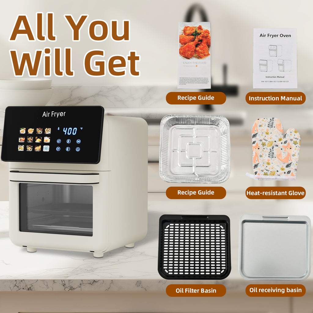 AboveMoon 10L Large Xl Pro Air Fryer Oven With Grill Combo For Kitchen Countertop Use,12 in 1 Smart Convection Ovens,AirFryer With Glass View Window,Nonstick Basket,Fryer Liners,Removable Door-White