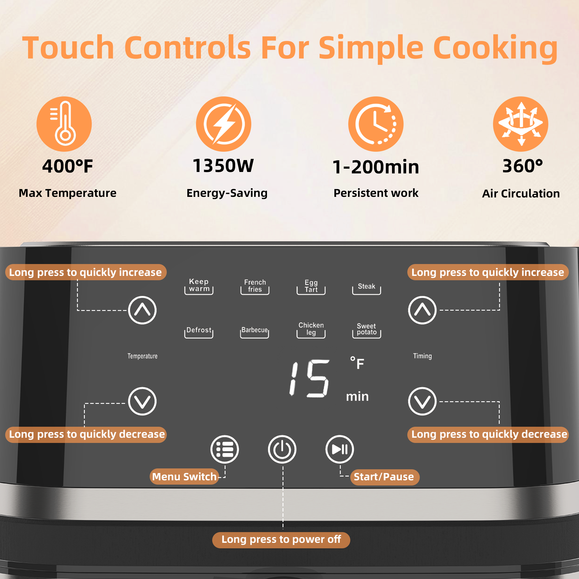 Abovemoon Stainless Steel 8Qt Large Digital Air Fryer with Window for Kitchen Use,Nonstick Made without PFAS,Touchscreen Display,400F,Kitchen Appliances,NonStick Basket,Black airfryer