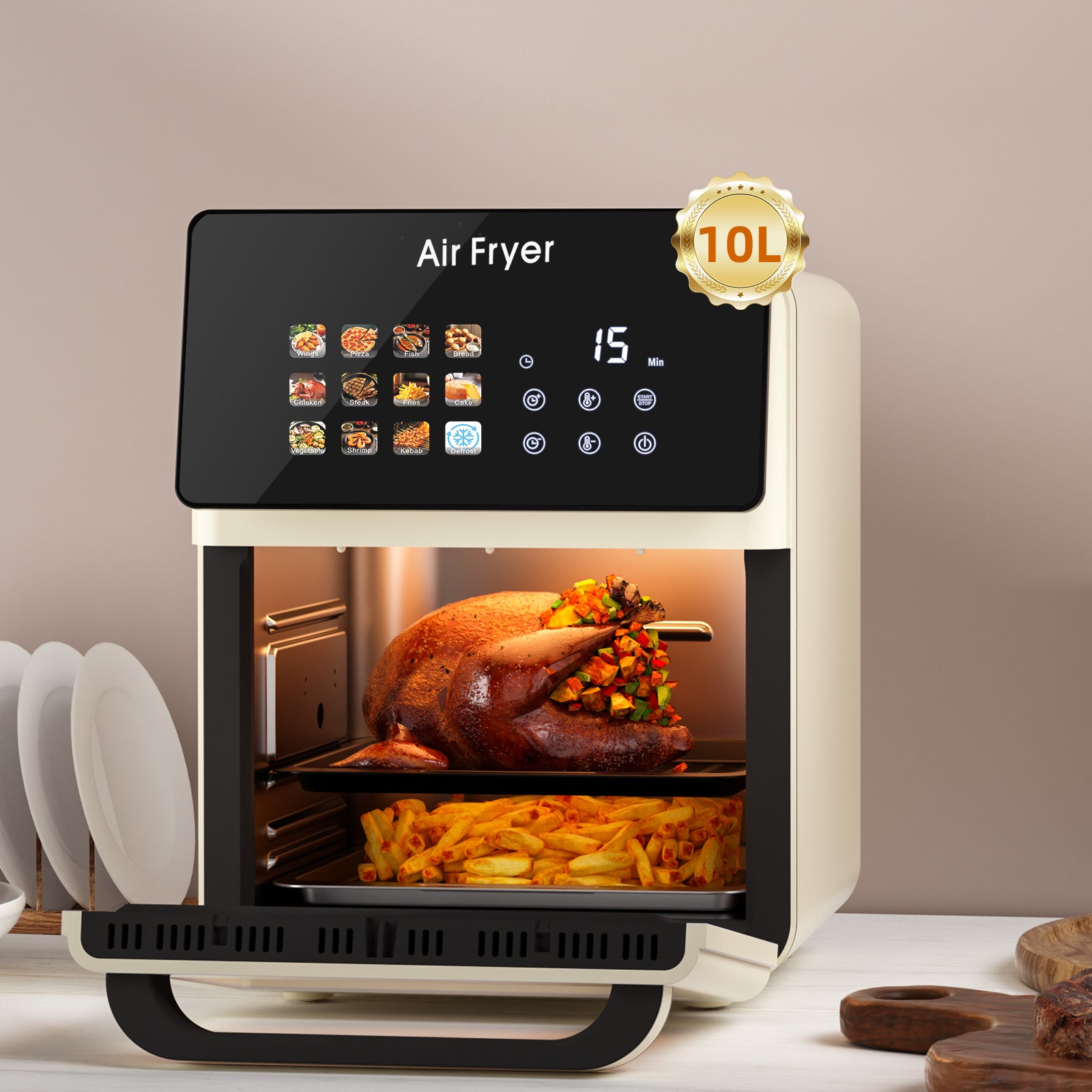 AboveMoon 10L Large Xl Pro Air Fryer Oven With Grill Combo For Kitchen Countertop Use,12 in 1 Smart Convection Ovens,AirFryer With Glass View Window,Nonstick Basket,Fryer Liners,Removable Door-White