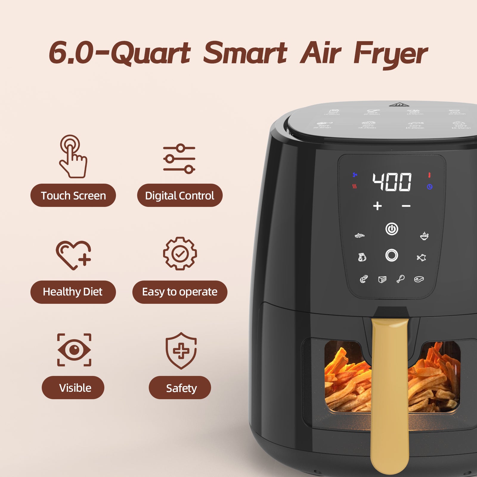 AboveMoon 6.0 QT Large Digital Air Fryer with Window for Kitchen Use,Nonstick Made without PFAS, Touchscreen Display,400F,Customized Temp/Time,NonStick Basket,Black