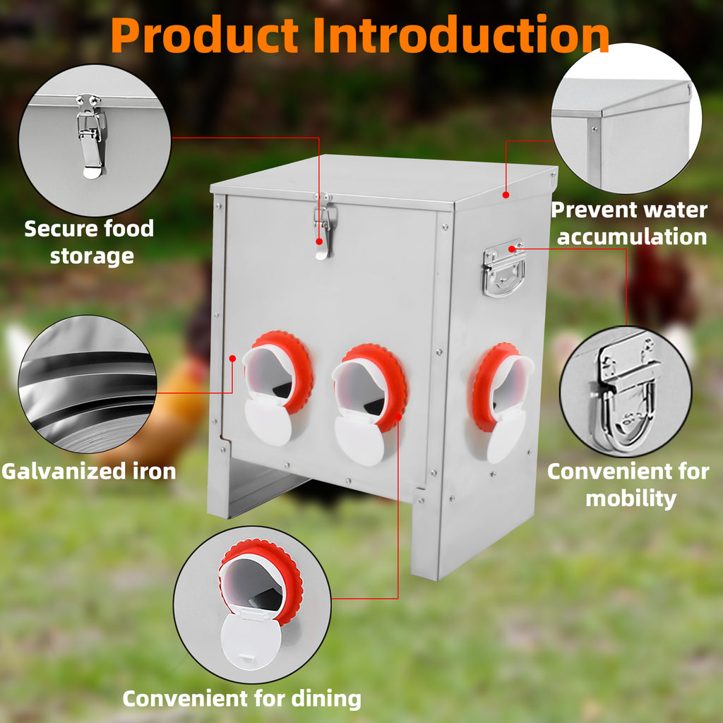 Metal Automatic Chicken Feeder 30LBS with 6 Ports,No Feed Waste,All Seasons Support,Weather-Resistant and Animal-Proof,Suitable for Chicken,Geese,Ducks,Turkeys,Quails