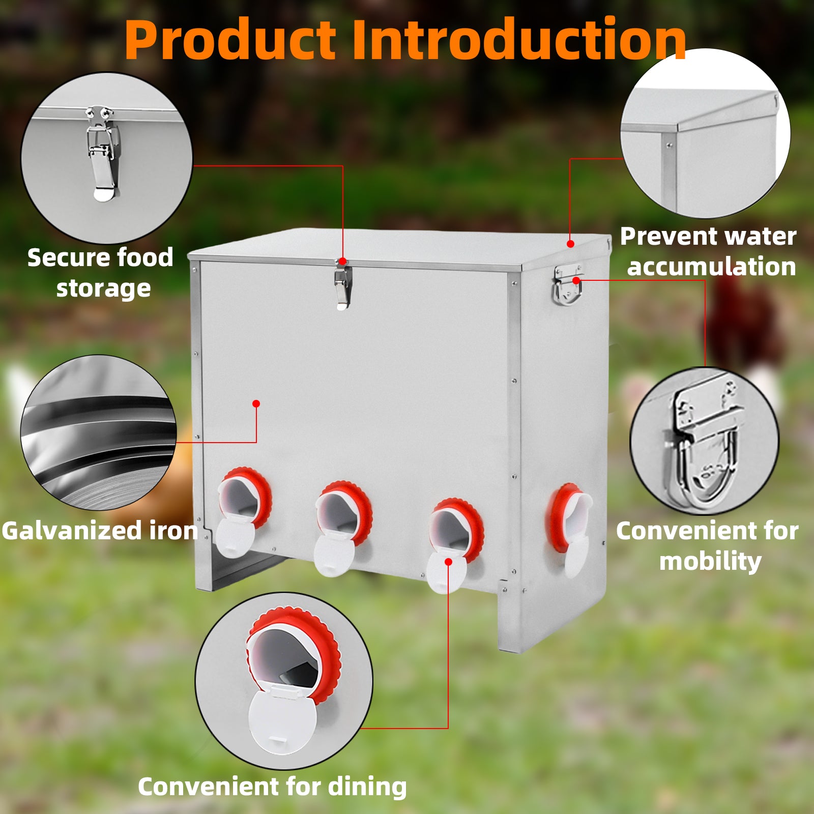 Metal Automatic Chicken Feeder 90LBS with 8 Ports,No Feed Waste,All Seasons Support,Weather-Resistant and Animal-Proof,Suitable for Chicken,Geese,Ducks,Turkeys,Quails