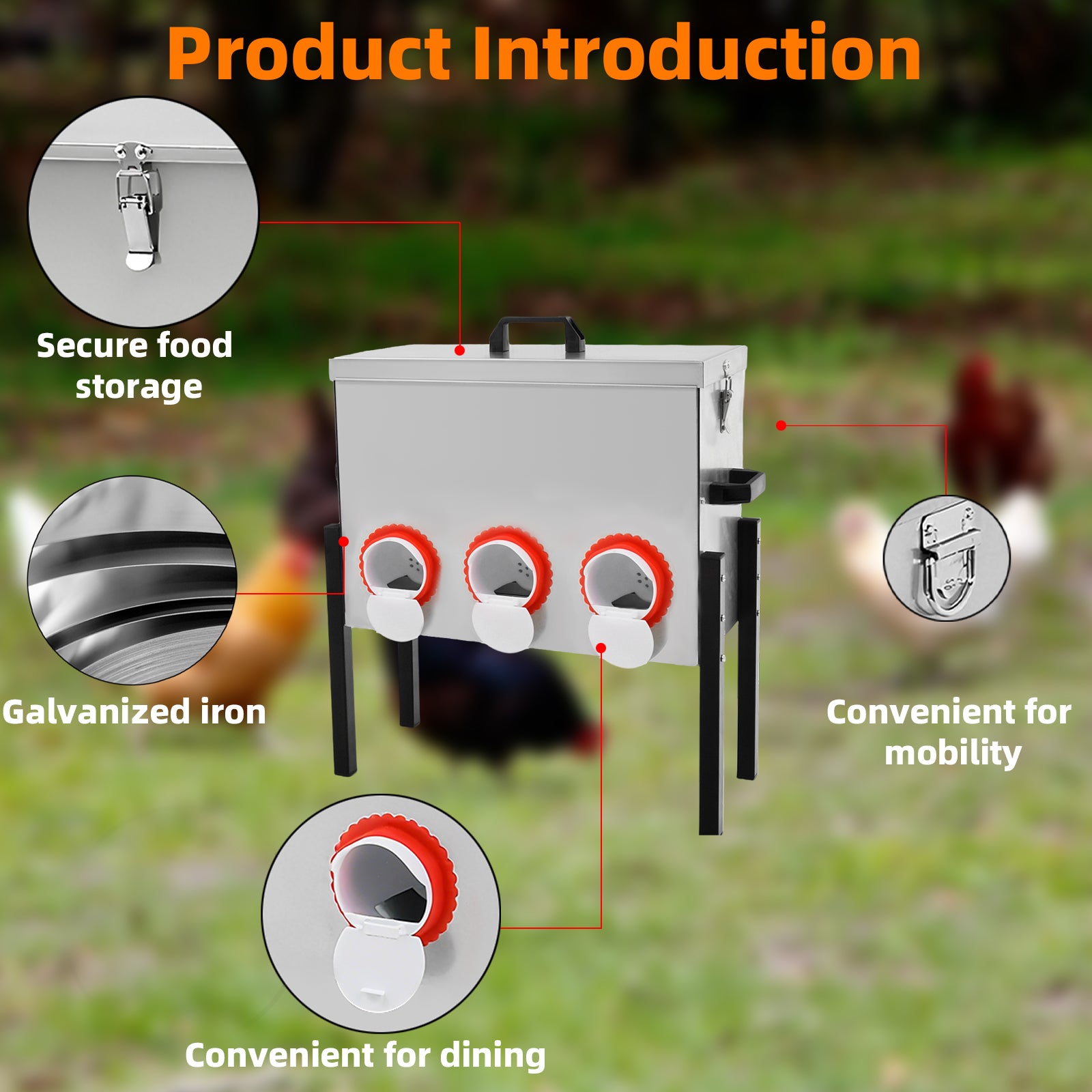 Metal Automatic Chicken Feeder 30LBS with 6 Ports,No Feed Waste,All Seasons Support,Weather-Resistant and Animal-Proof,Suitable for Chicken,Geese,Ducks,Turkeys,Quails
