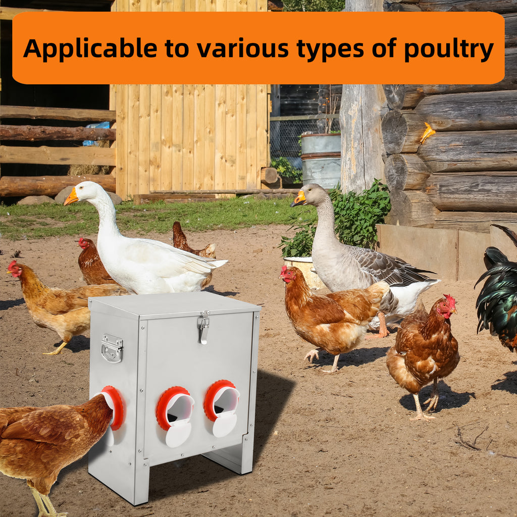 Metal Automatic Chicken Feeder 30LBS with 6 Ports,No Feed Waste,All Seasons Support,Weather-Resistant and Animal-Proof,Suitable for Chicken,Geese,Ducks,Turkeys,Quails