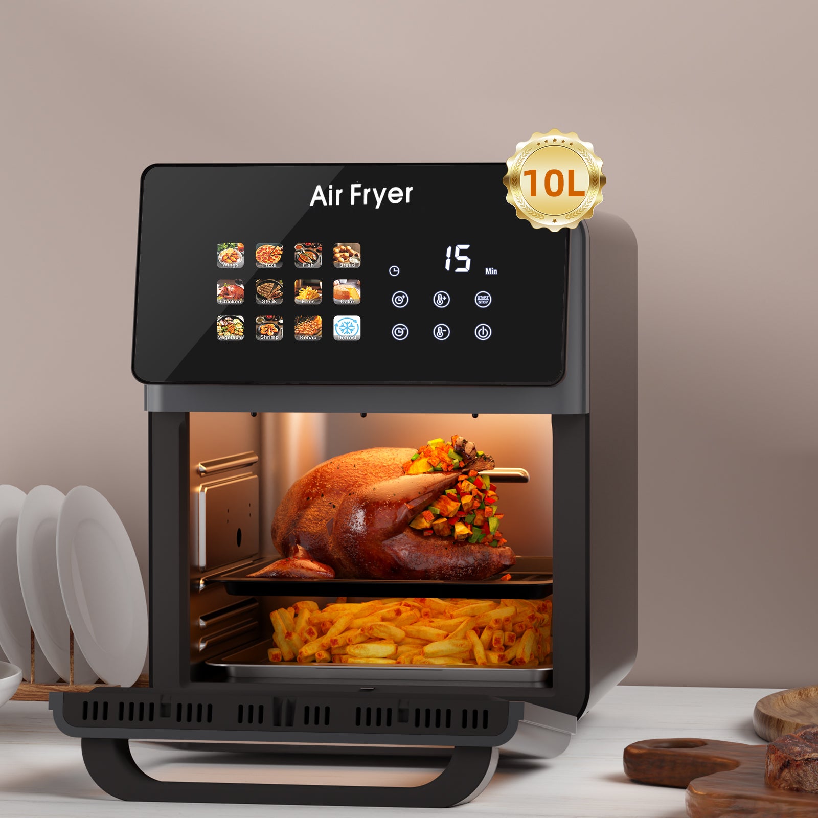 10L Large Pro Air Fryer Oven With Grill Combo For Kitchen Use,12 in 1 Smart Convection Ovens,AirFryer With Glass View Window,Nonstick Basket,Fryer Liners,Removable Door-Black